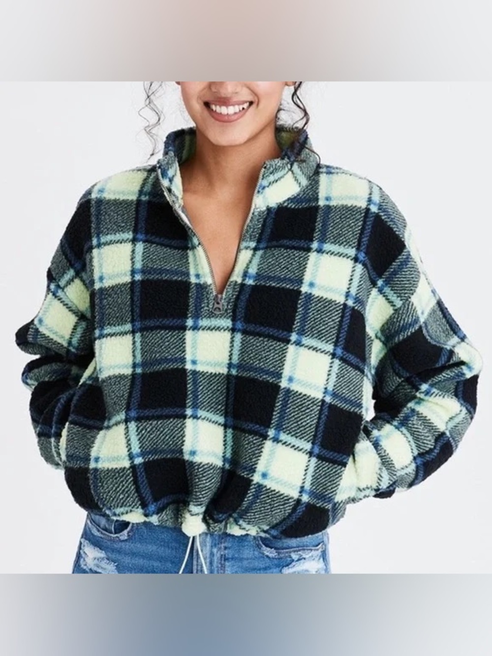 American Eagle Plaid Cozy Sherpa Fleece Quarter Zip Pullover Jacket Large